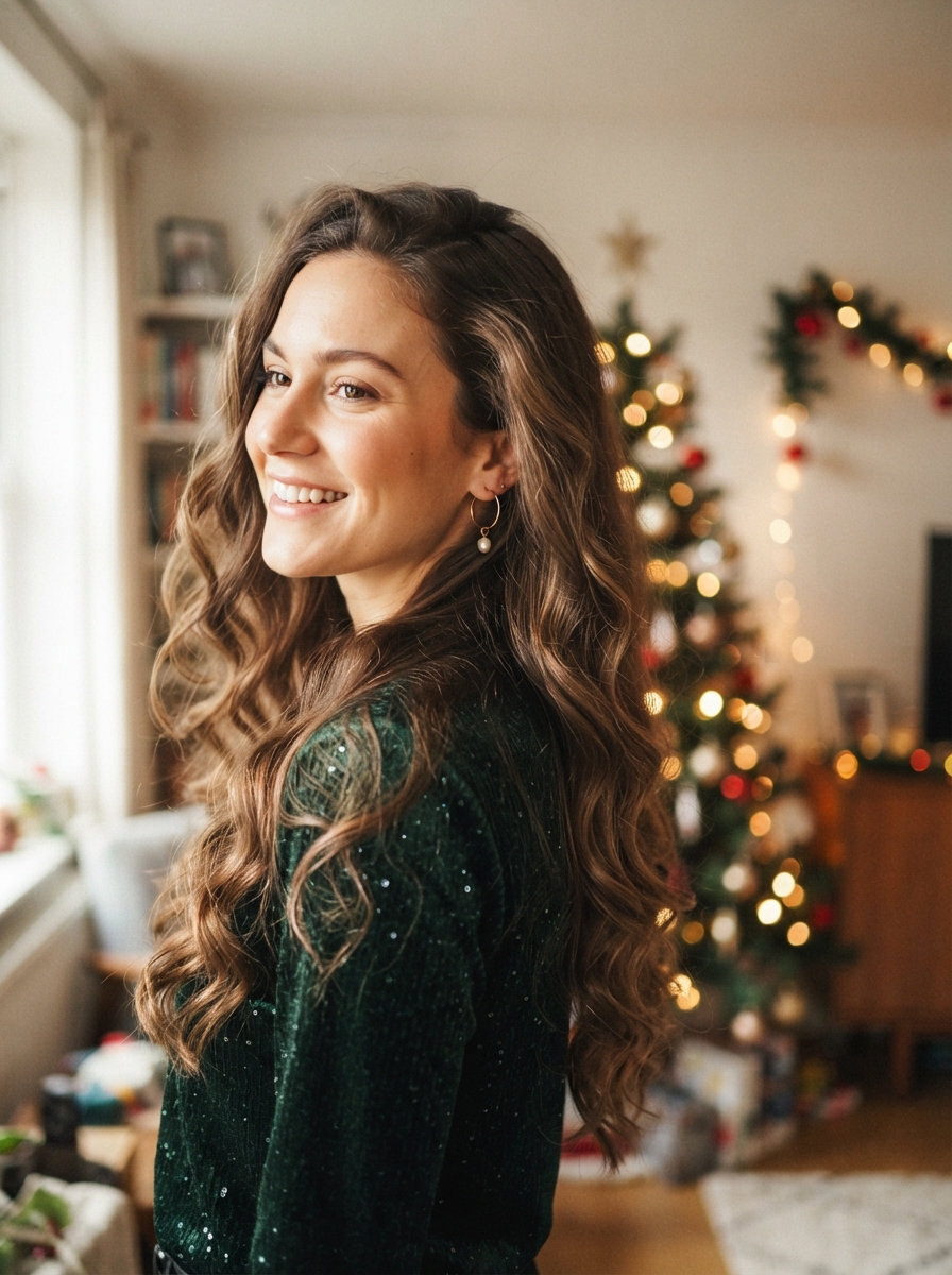 Side-swept curls holiday party hairstyle for long hair