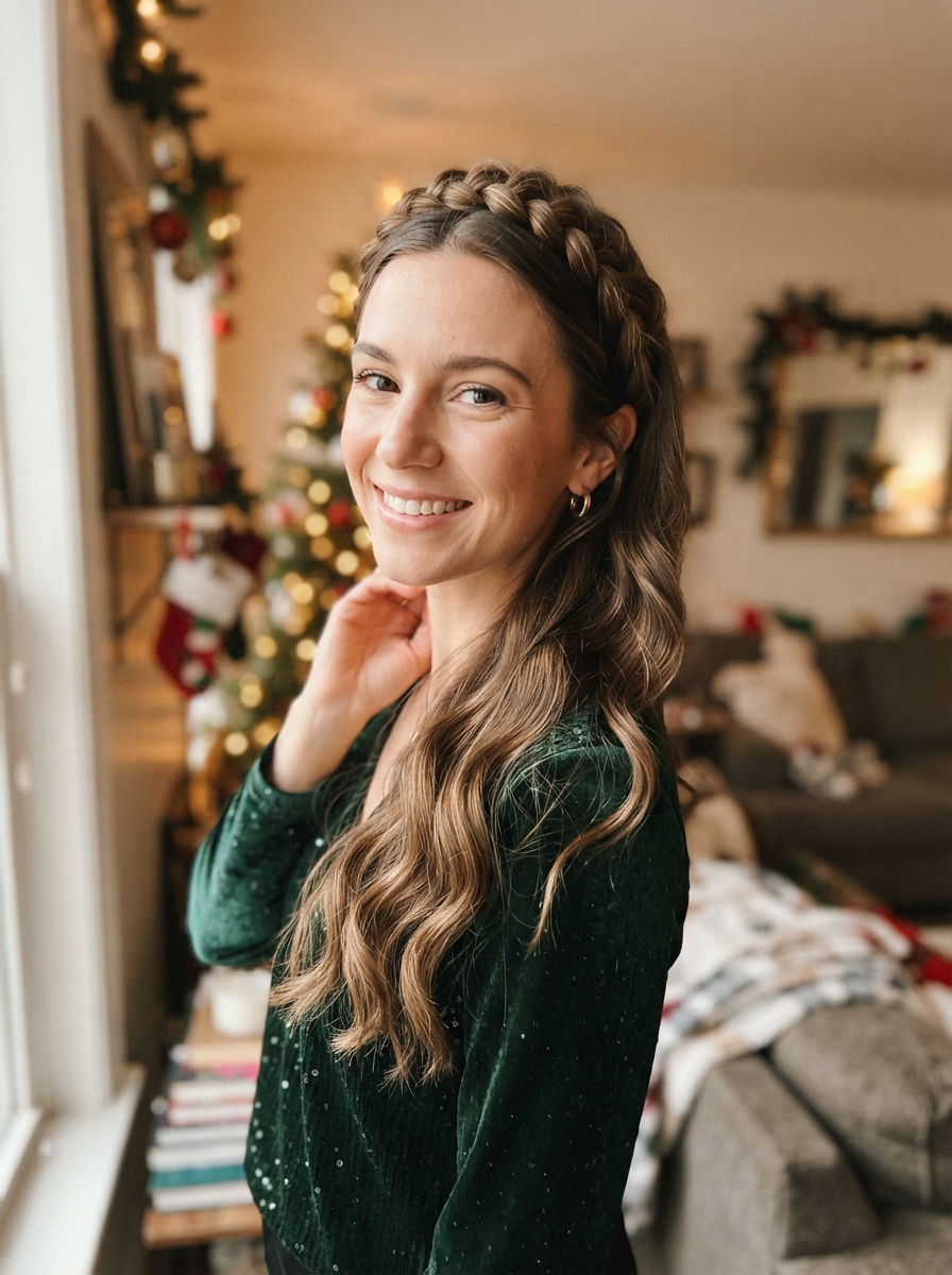 Braided crown with waves holiday party hairstyle for long hair
