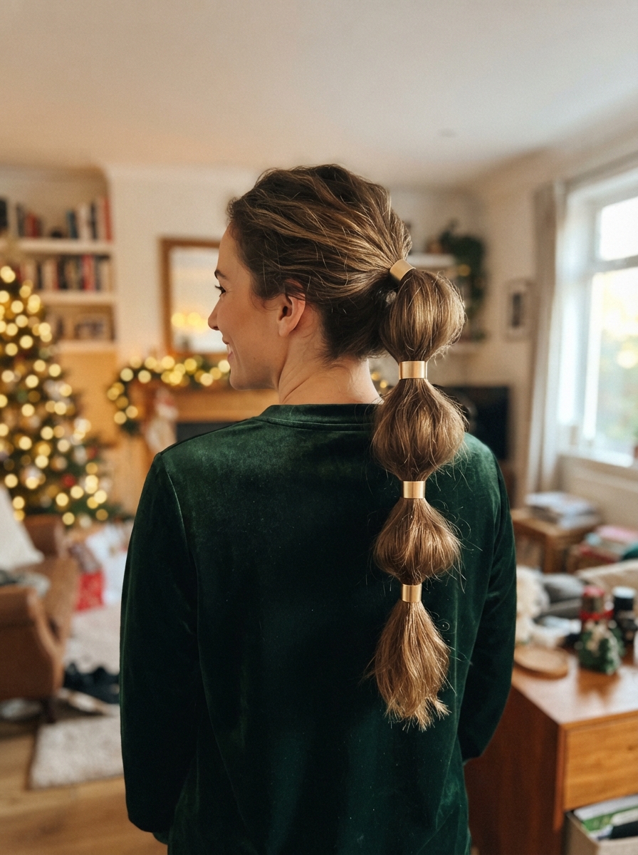 Bubble ponytail with gold cuffs holiday party hairstyle for long hair