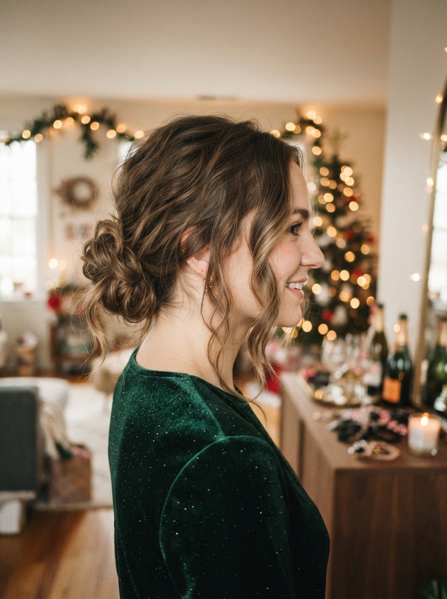 Messy low chignon holiday party hairstyle for long hair