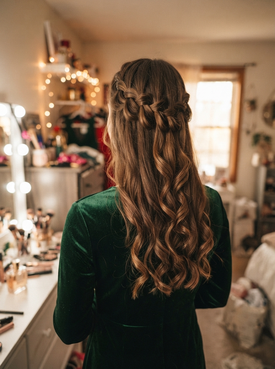 Waterfall braid with curls holiday party hairstyle for long hair