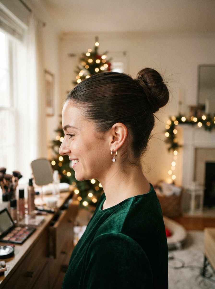 Sleek high bun holiday party hairstyle for long hair