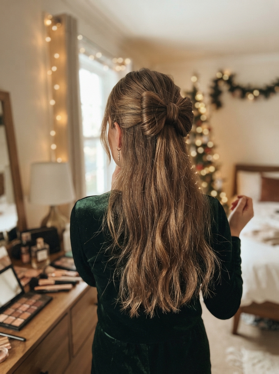 Half-up bow made of hair holiday party hairstyle for long hair