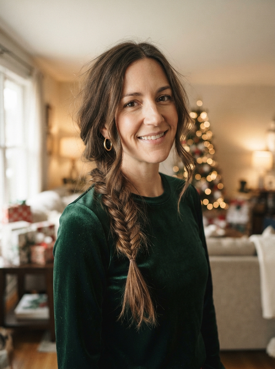 Fishtail side braid holiday party hairstyle for long hair