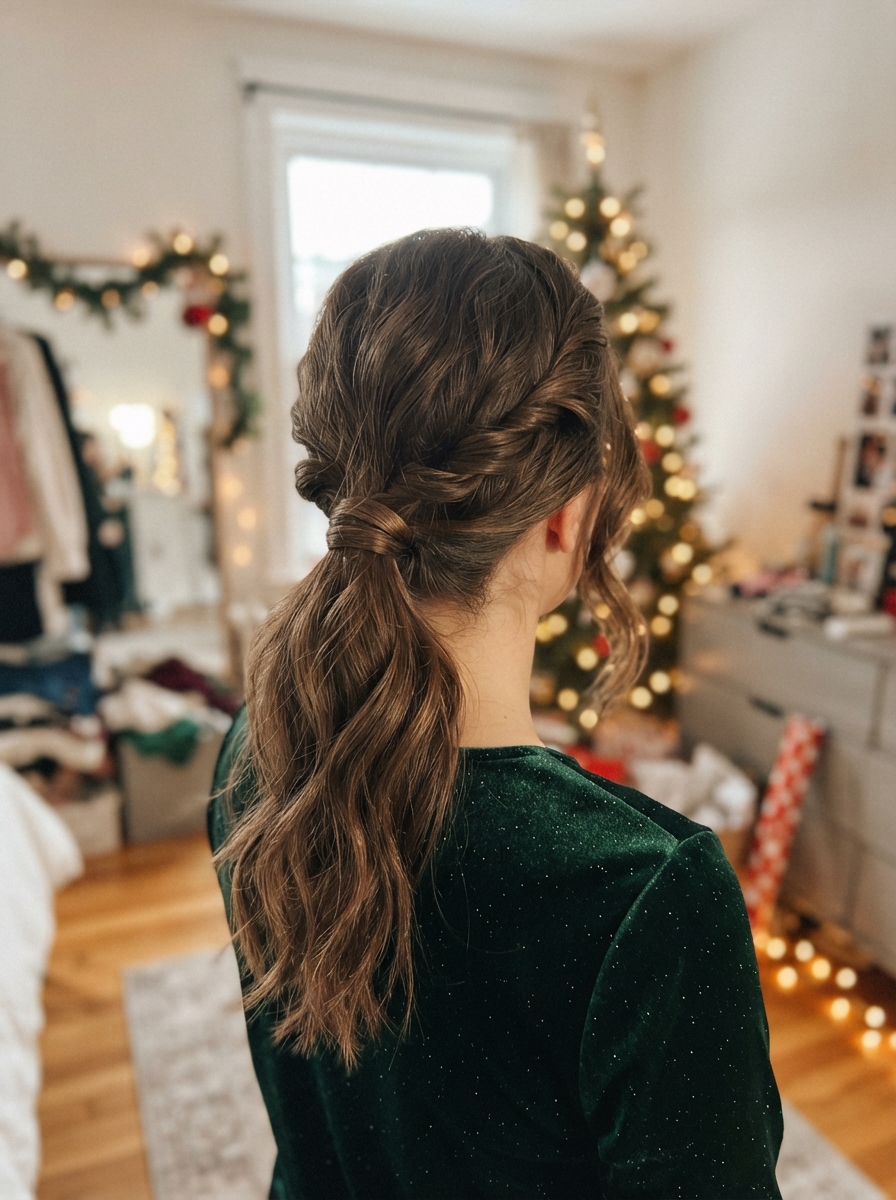 Twisted low ponytail holiday party hairstyle for long hair