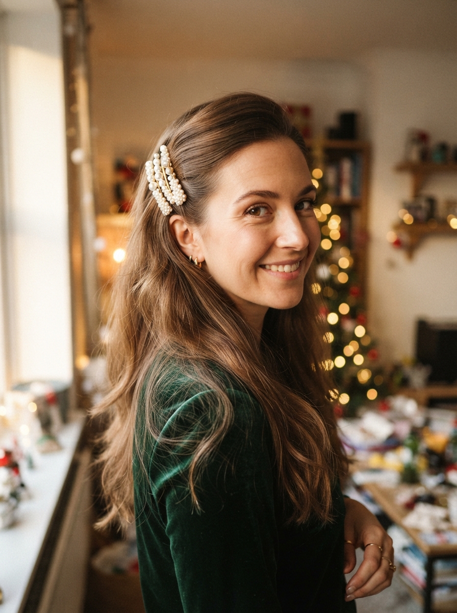 Pinned-back front with pearl clips holiday party hairstyle for long hair