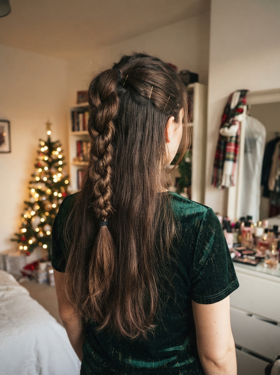 Rope braid ponytail holiday party hairstyle for long hair