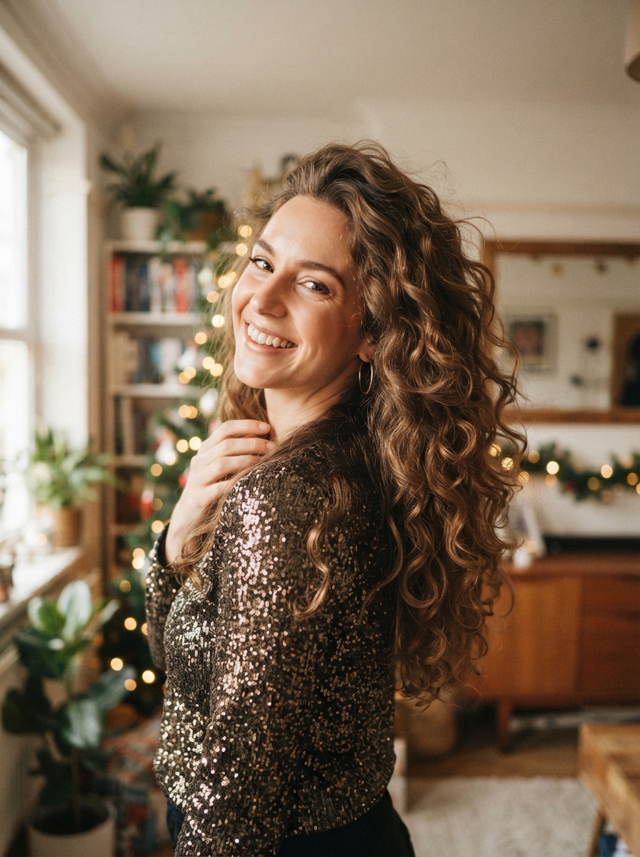 Big bouncy curls holiday party hairstyle for long hair