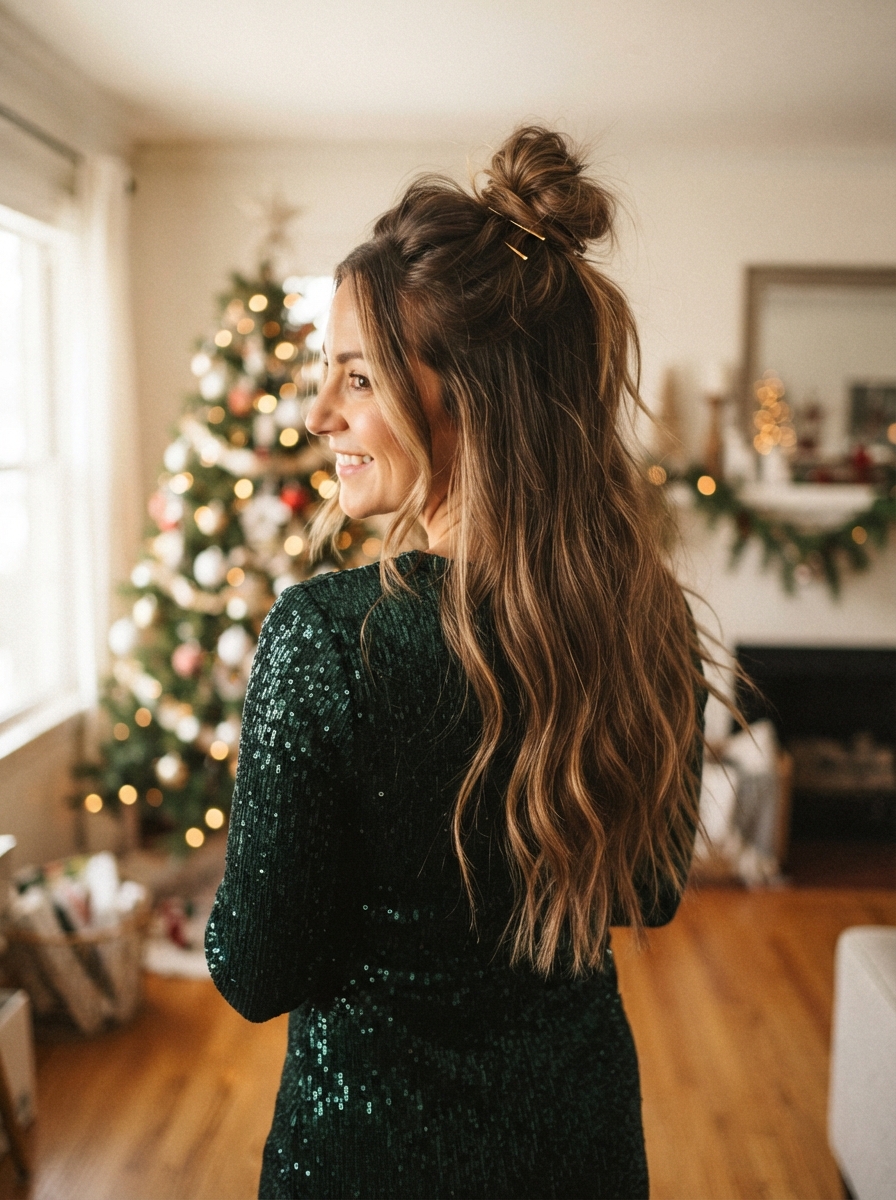 Half-up top knot holiday party hairstyle for long hair