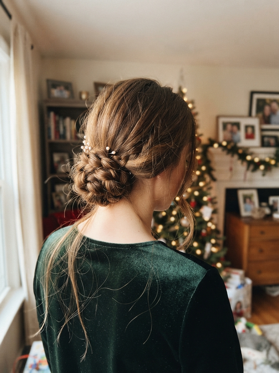 Braided low bun holiday party hairstyle for long hair