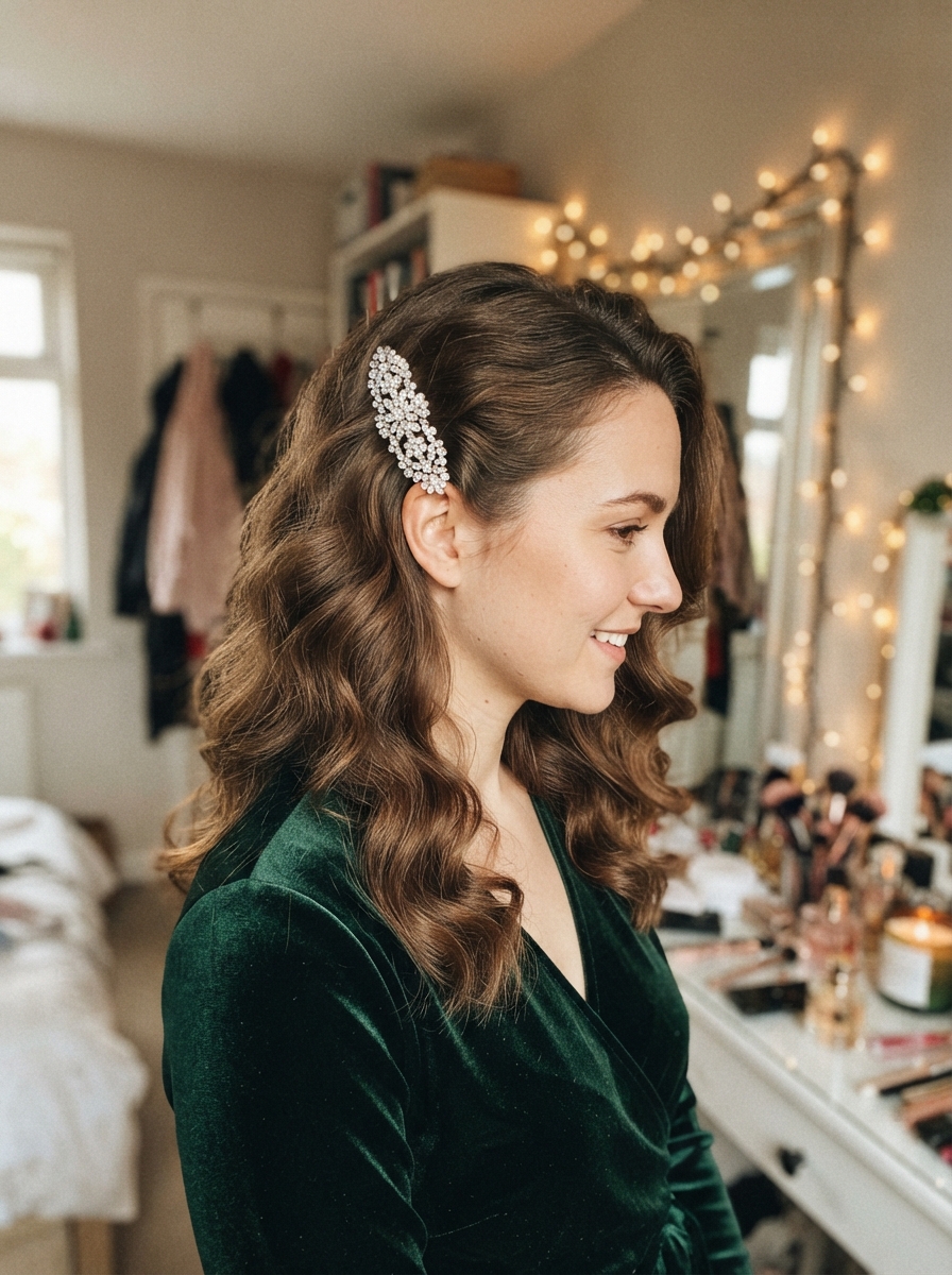 Glam waves with a sparkly barrette holiday party hairstyle for long hair