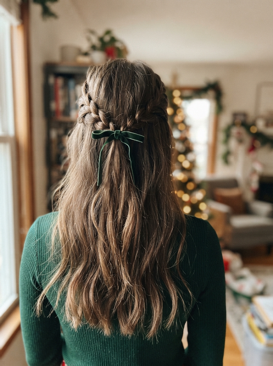 Double braids joined at the back holiday party hairstyle for long hair