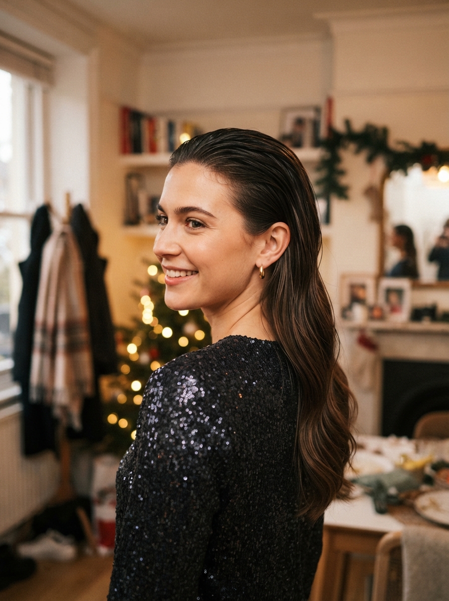 Wet-look slicked-back hair holiday party hairstyle for long hair