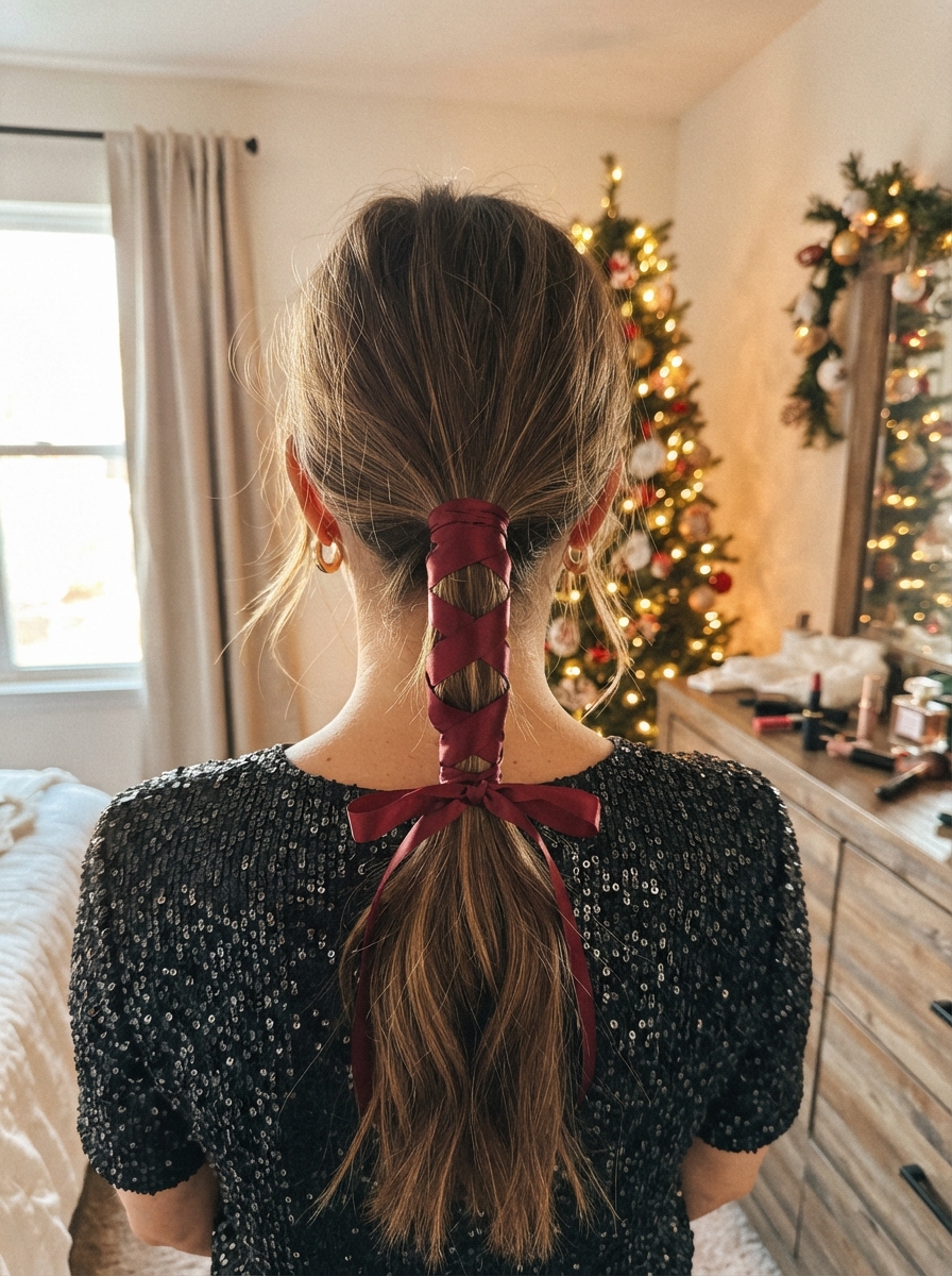 Low ponytail with a ribbon wrap holiday party hairstyle for long hair