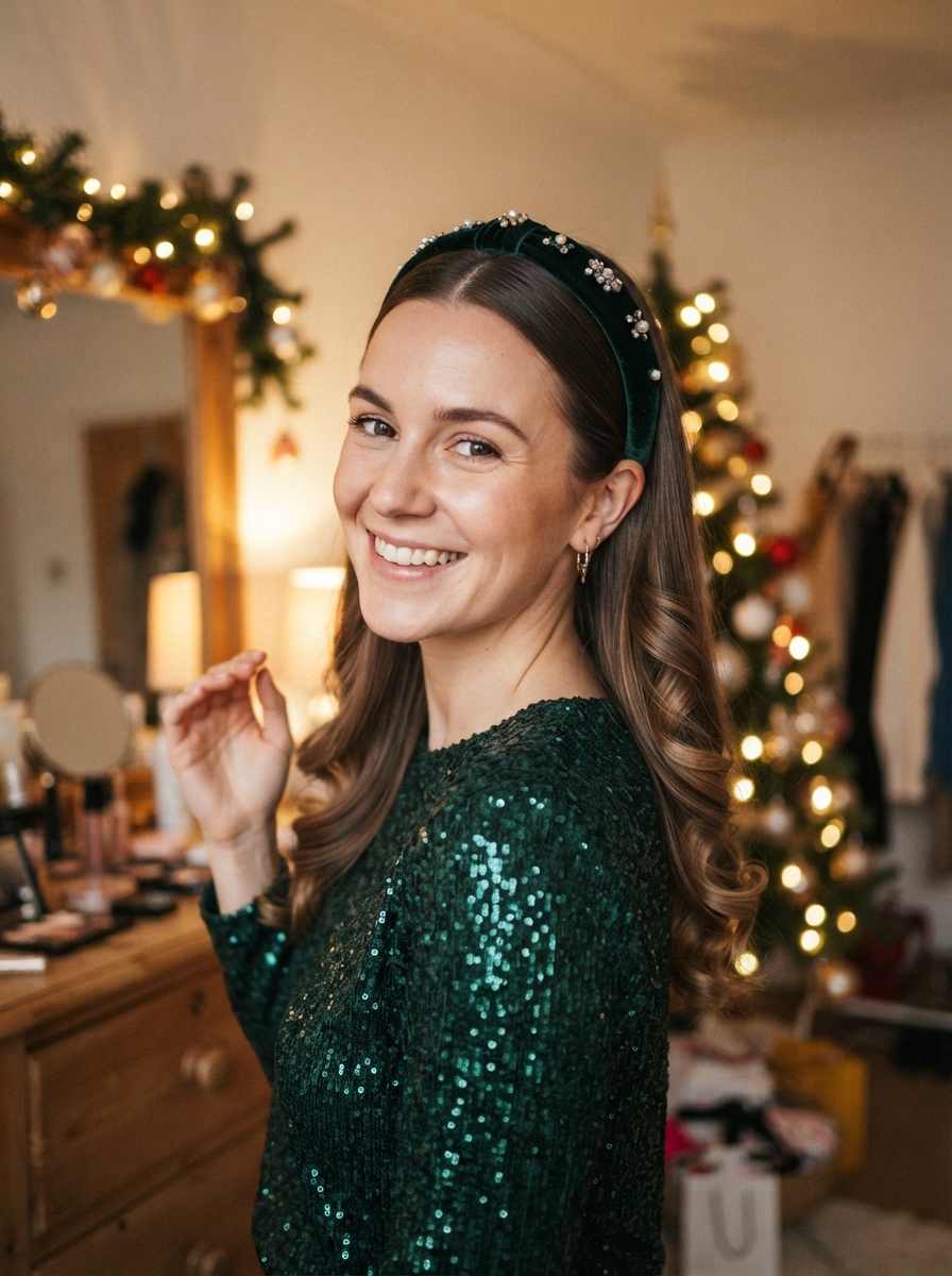 Curled ends with a jewelled headband holiday party hairstyle for long hair
