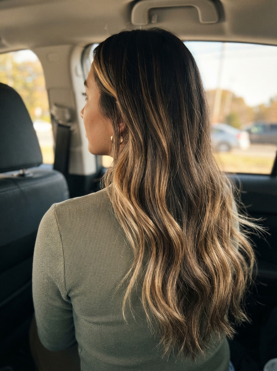 Honey blonde balayage on dark brown hair