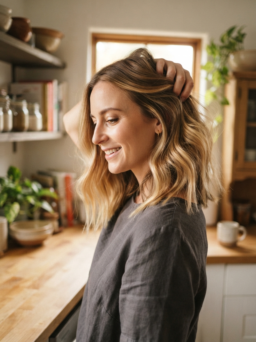Honey blonde balayage on a long bob