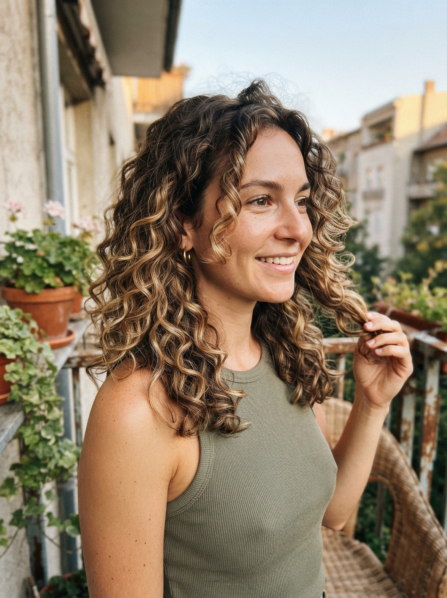 Honey balayage on curly hair