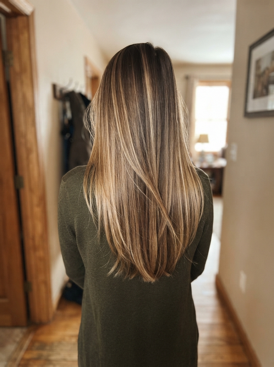 Honey balayage on sleek straight hair