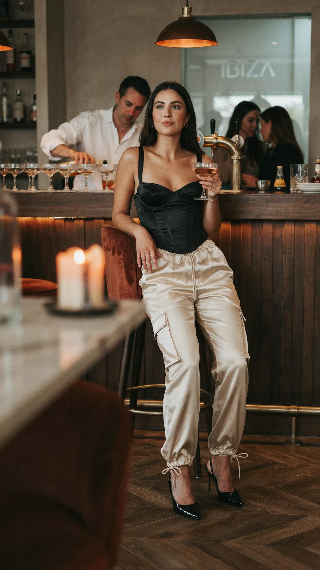Satin Cargo Pants + Corset Top Ibiza outfit