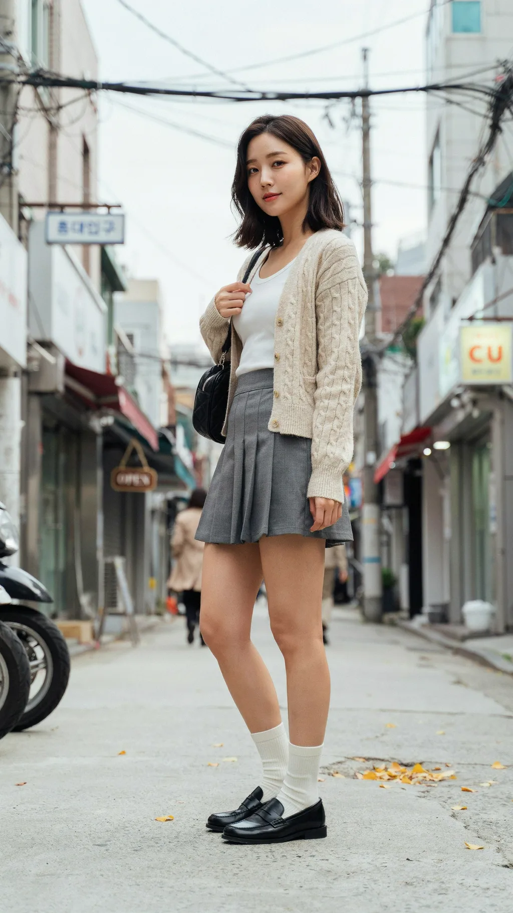 Cropped Cardigan and Pleated Mini Skirt Korean street style outfit