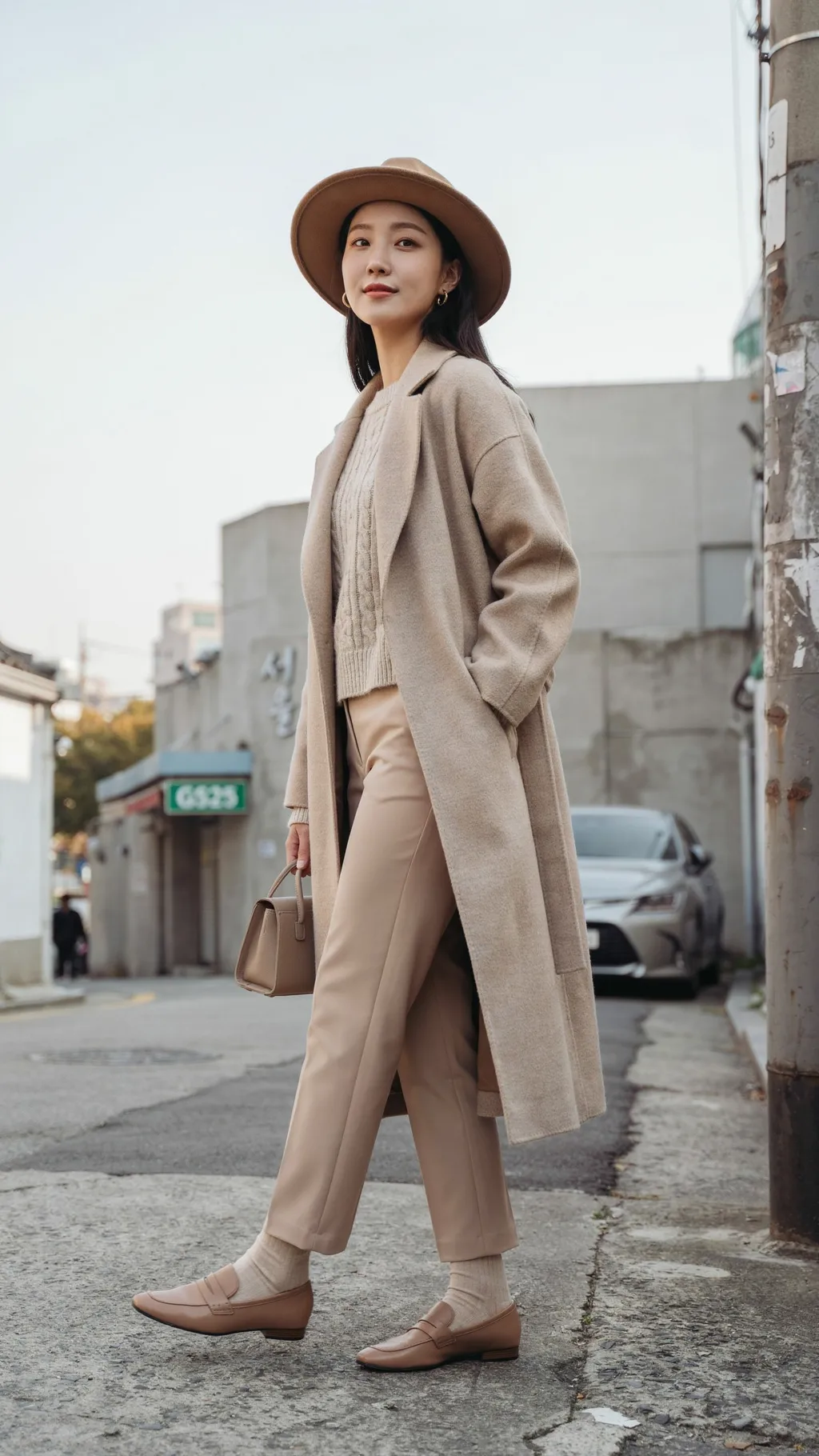 Monochrome Beige Layering Korean street style outfit
