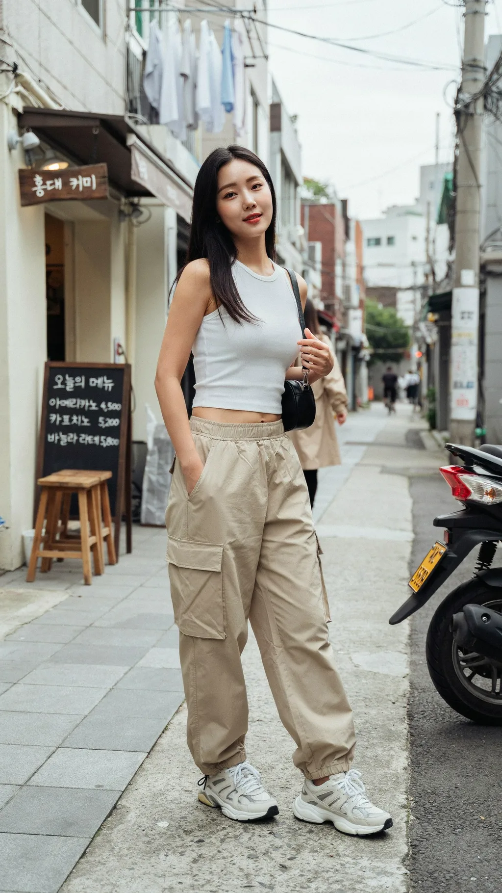 Baggy Cargo Pants with a Fitted Crop Top Korean street style outfit