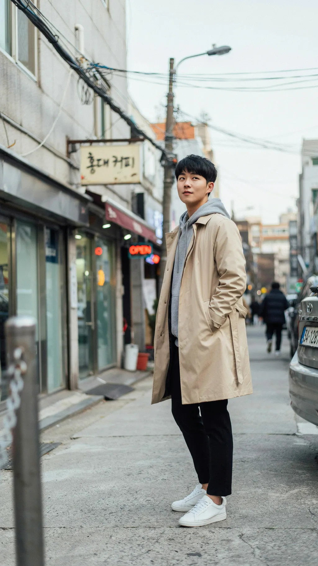 Long Trench Coat over a Hoodie Korean street style outfit