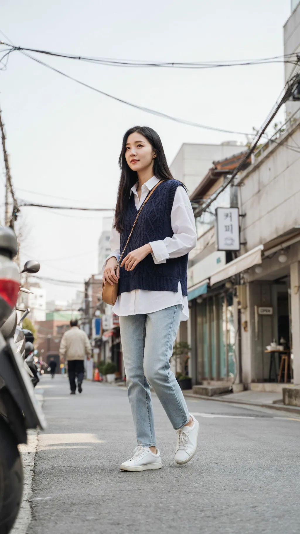 Knit Vest over a White Shirt Korean street style outfit