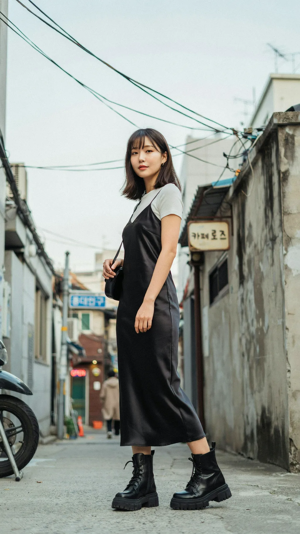 Slip Dress Layered over a T-Shirt Korean street style outfit
