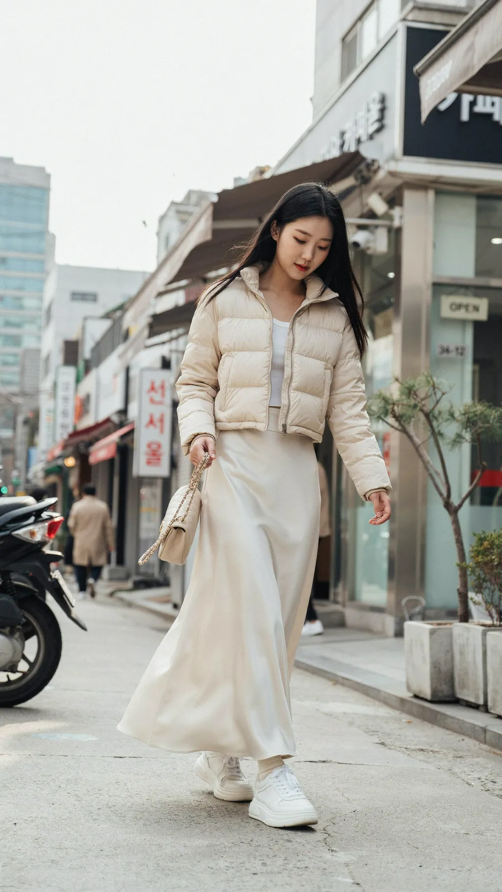 Puffer Jacket with a Maxi Skirt Korean street style outfit
