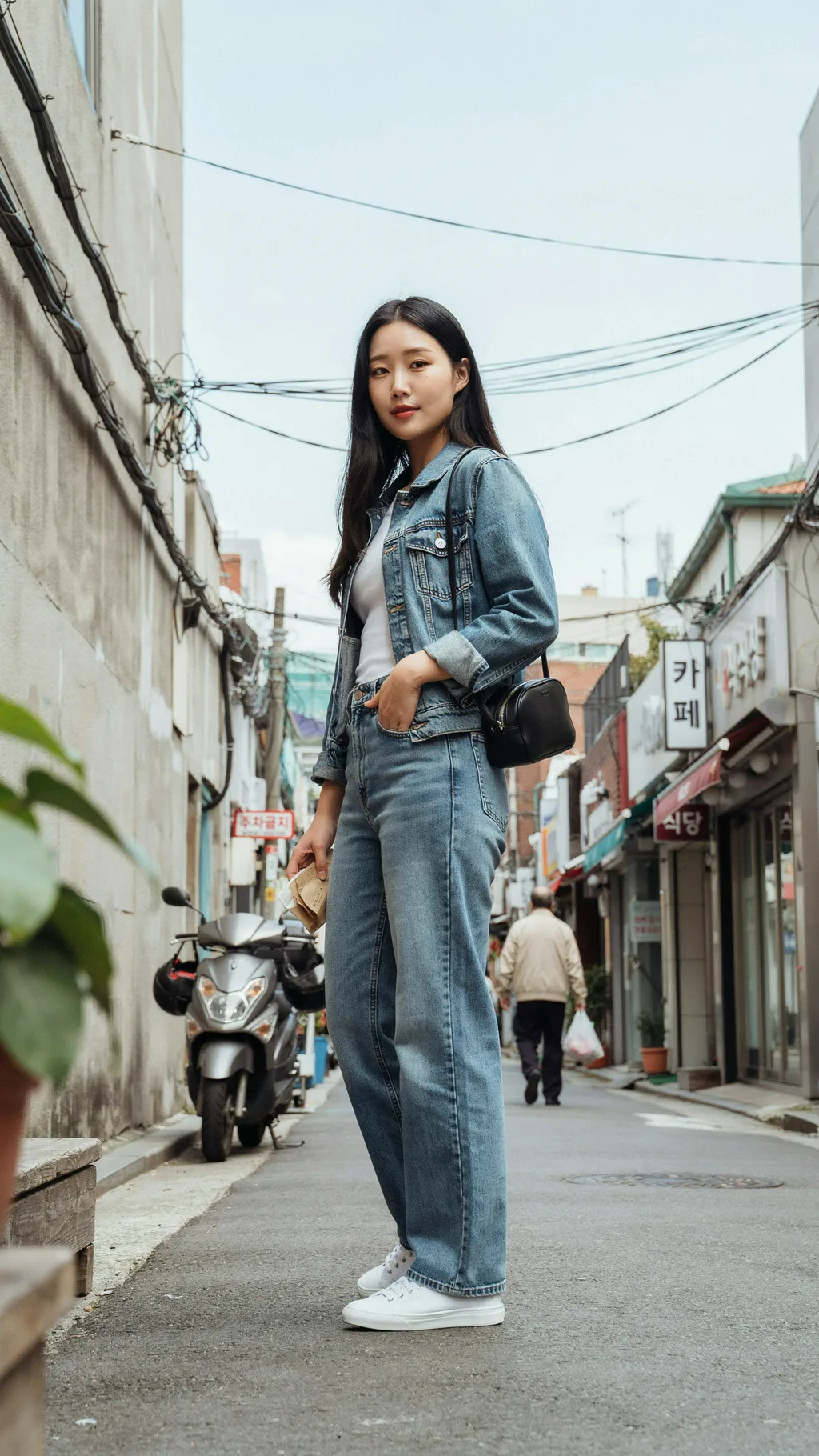 Denim on Denim Korean street style outfit