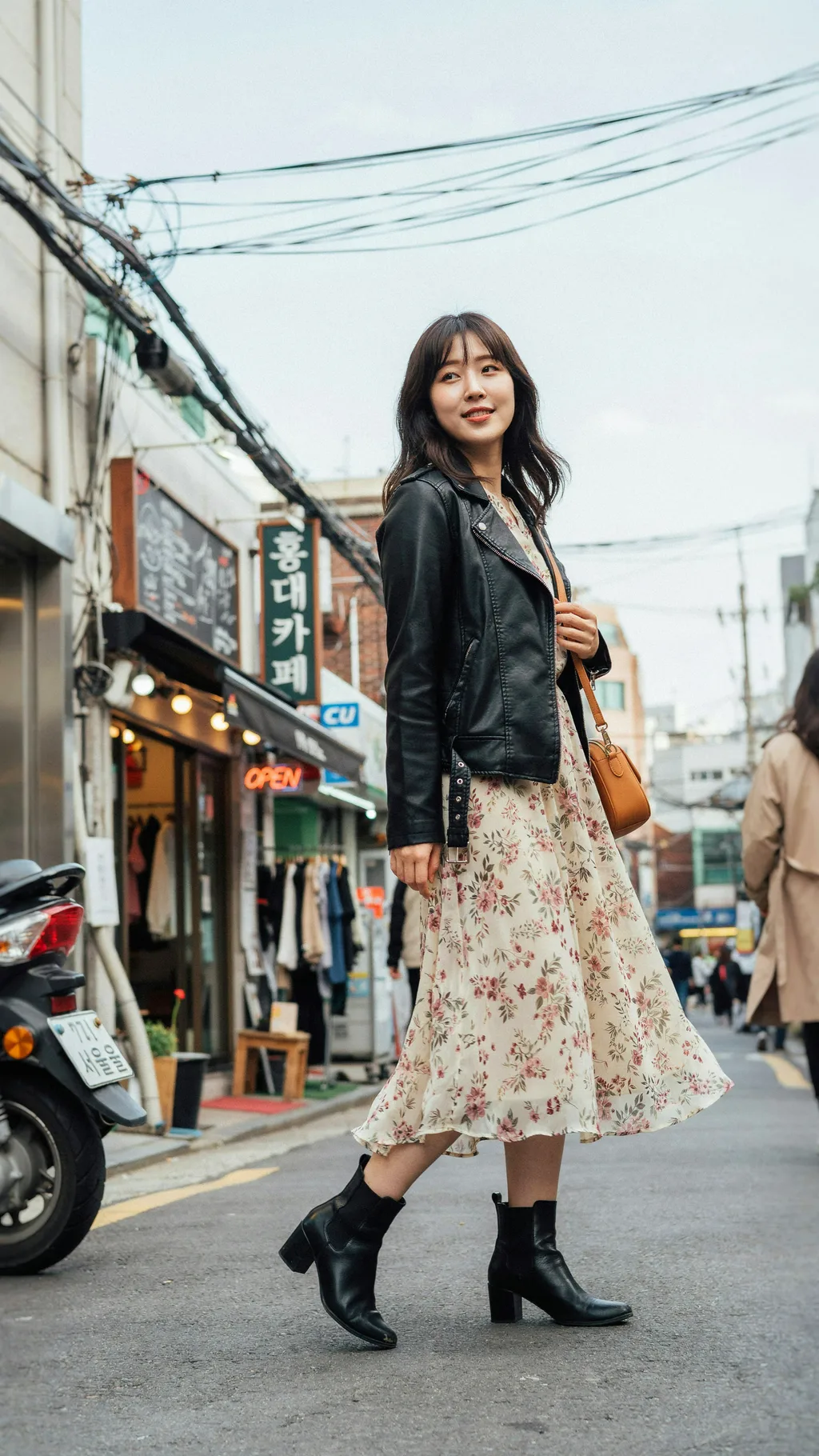 Leather Jacket with a Flowing Midi Dress Korean street style outfit