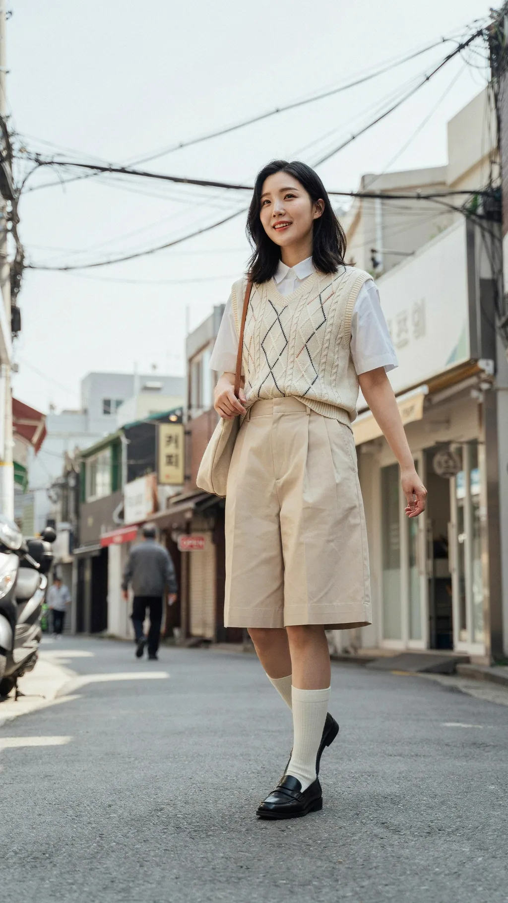 Sweater Vest with Wide Bermuda Shorts Korean street style outfit