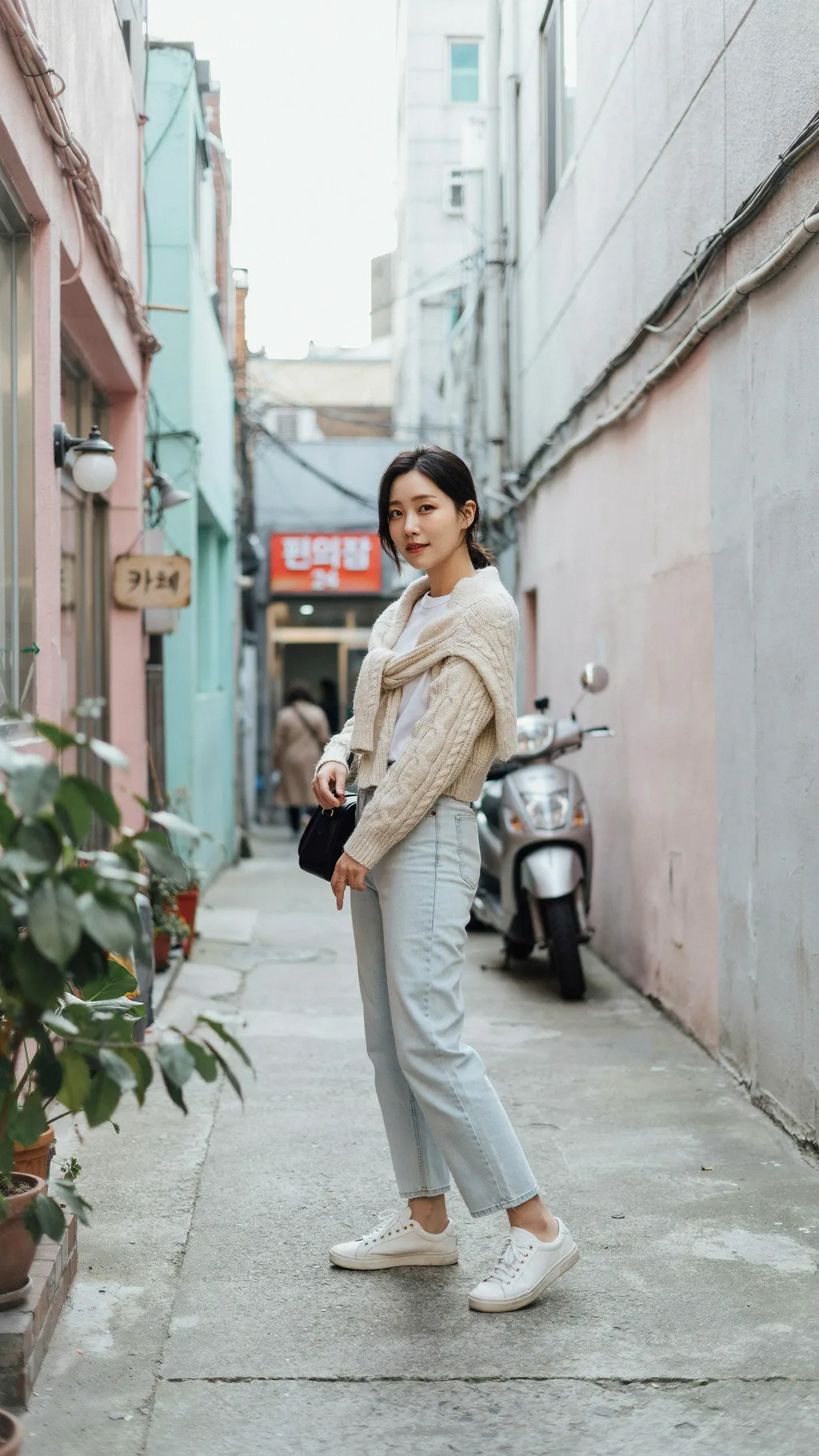 Cardigan Draped over the Shoulders Korean street style outfit