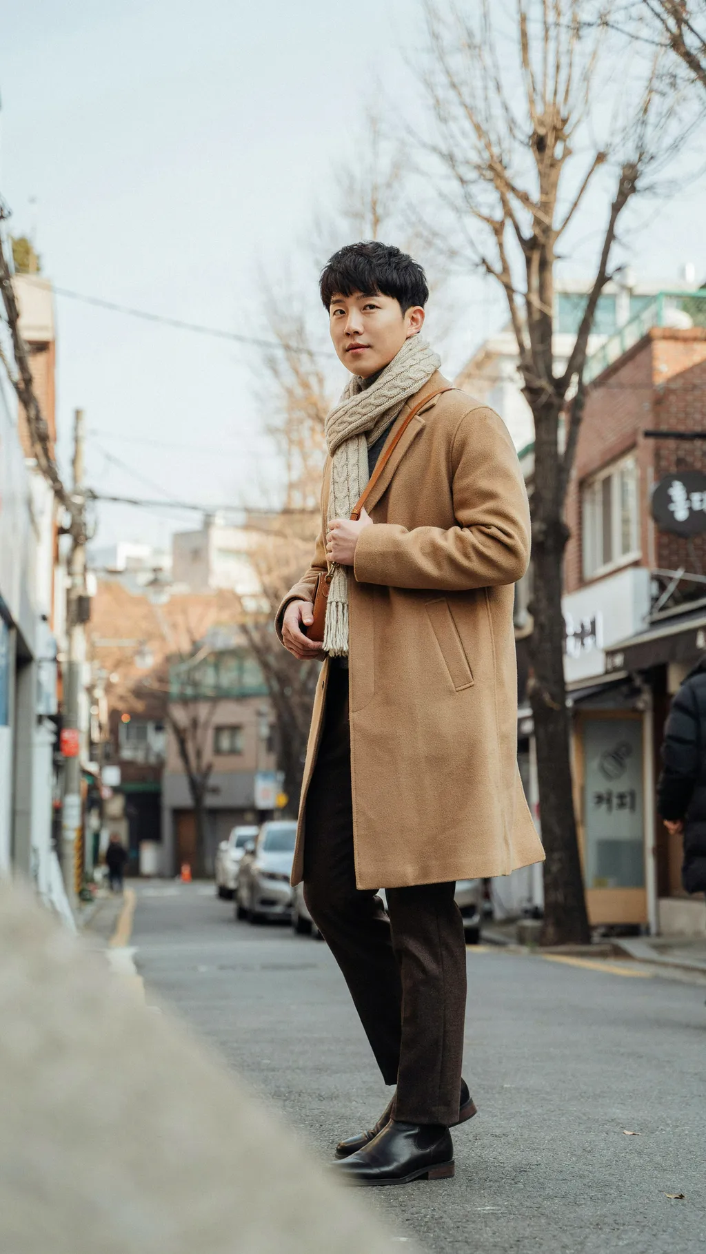Long Wool Coat with a Scarf Korean street style outfit