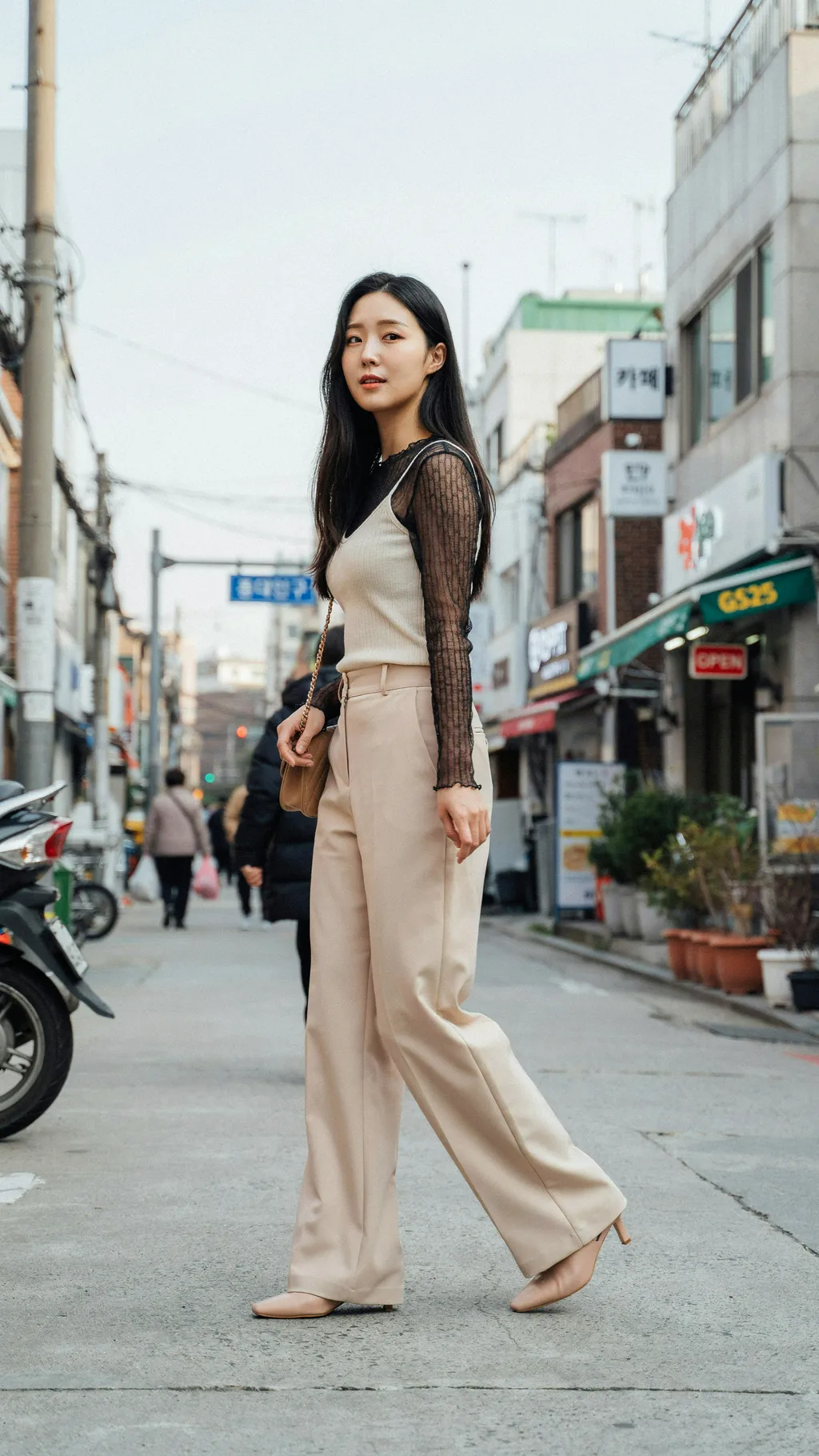 Sheer Layered Top with a Camisole Korean street style outfit