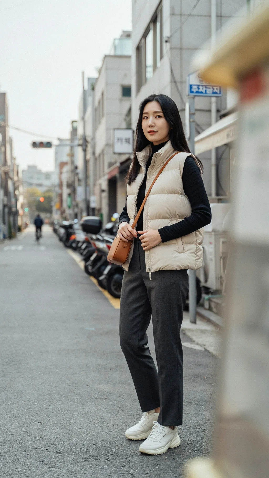 Quilted Vest over a Turtleneck Korean street style outfit