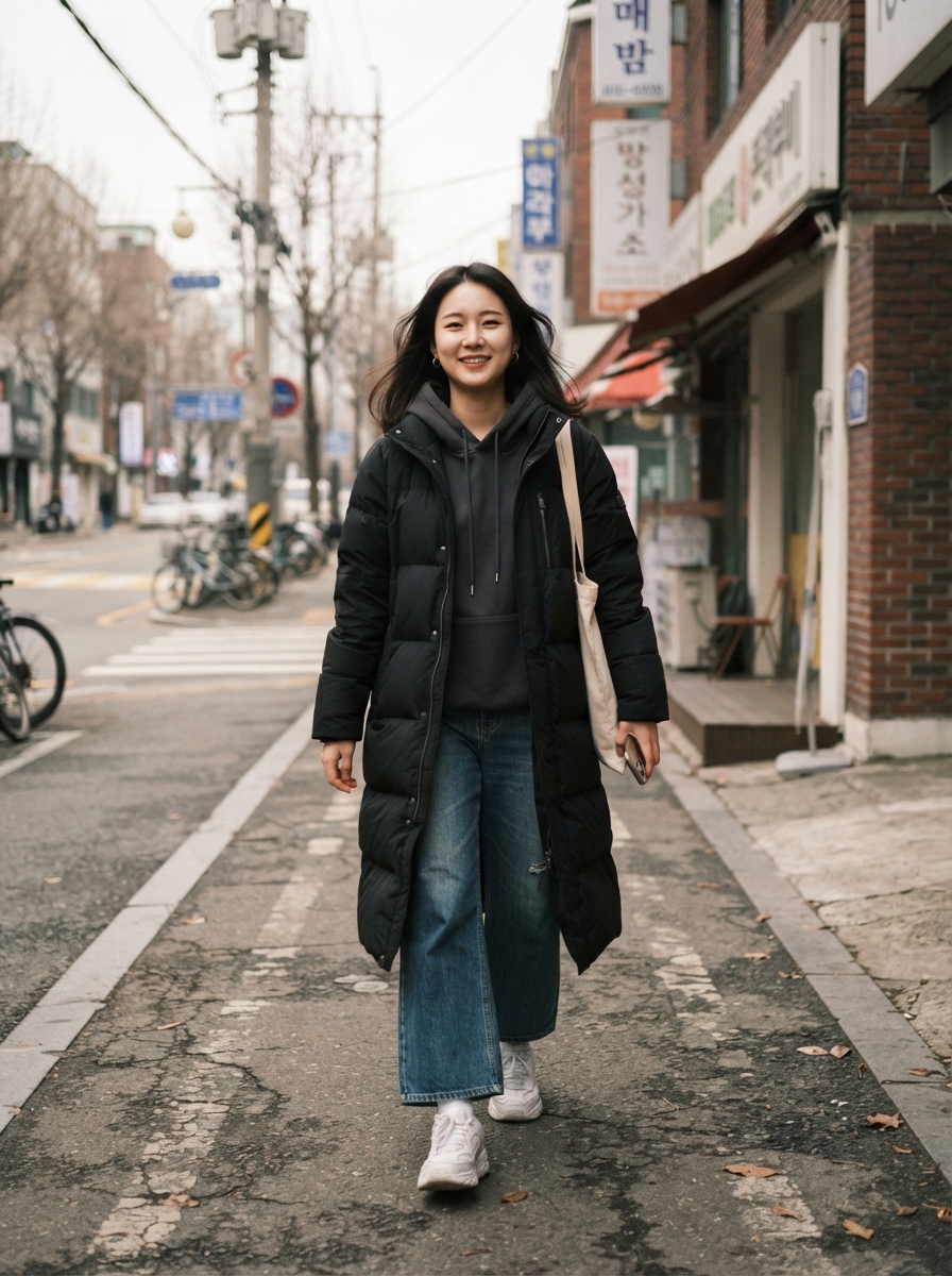 Long Black Padded Coat with Wide-Leg Jeans Korean winter street fashion outfit