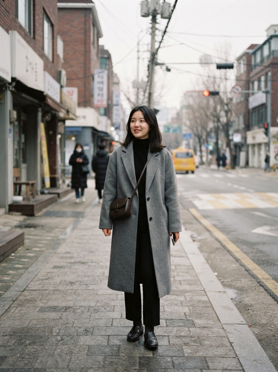 Oversized Wool Coat with Turtleneck and Slacks Korean winter street fashion outfit