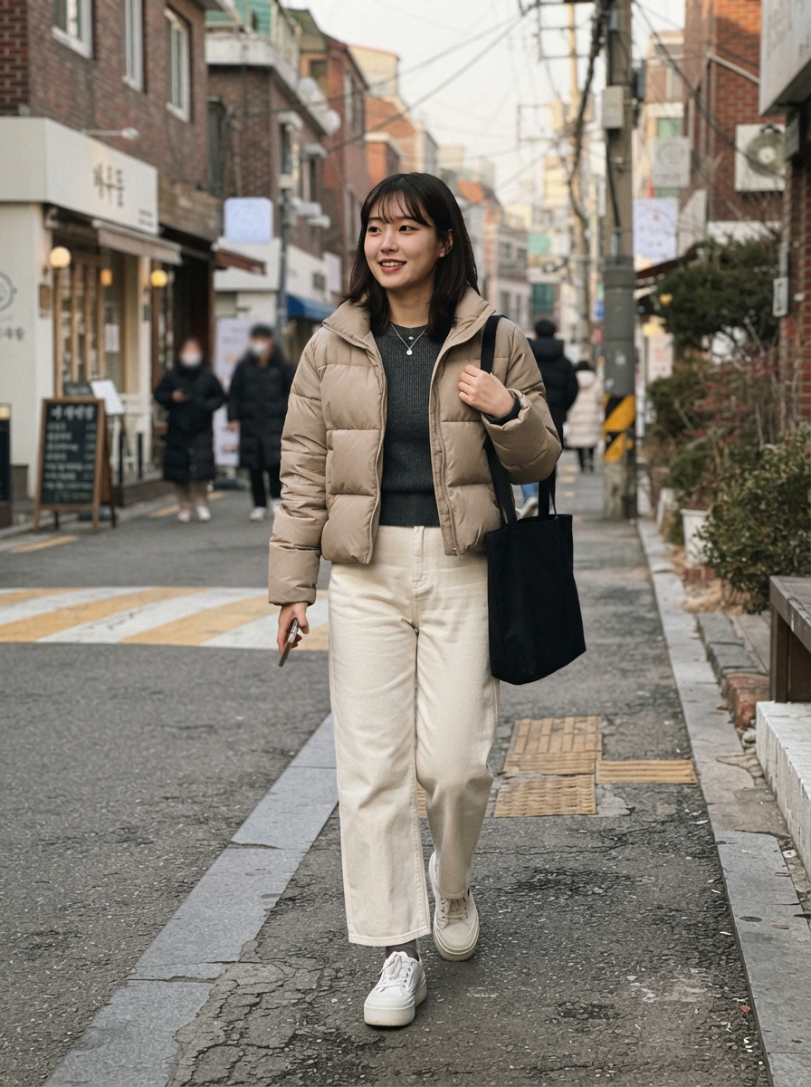Cropped Puffer with High-Waisted Trousers Korean winter street fashion outfit