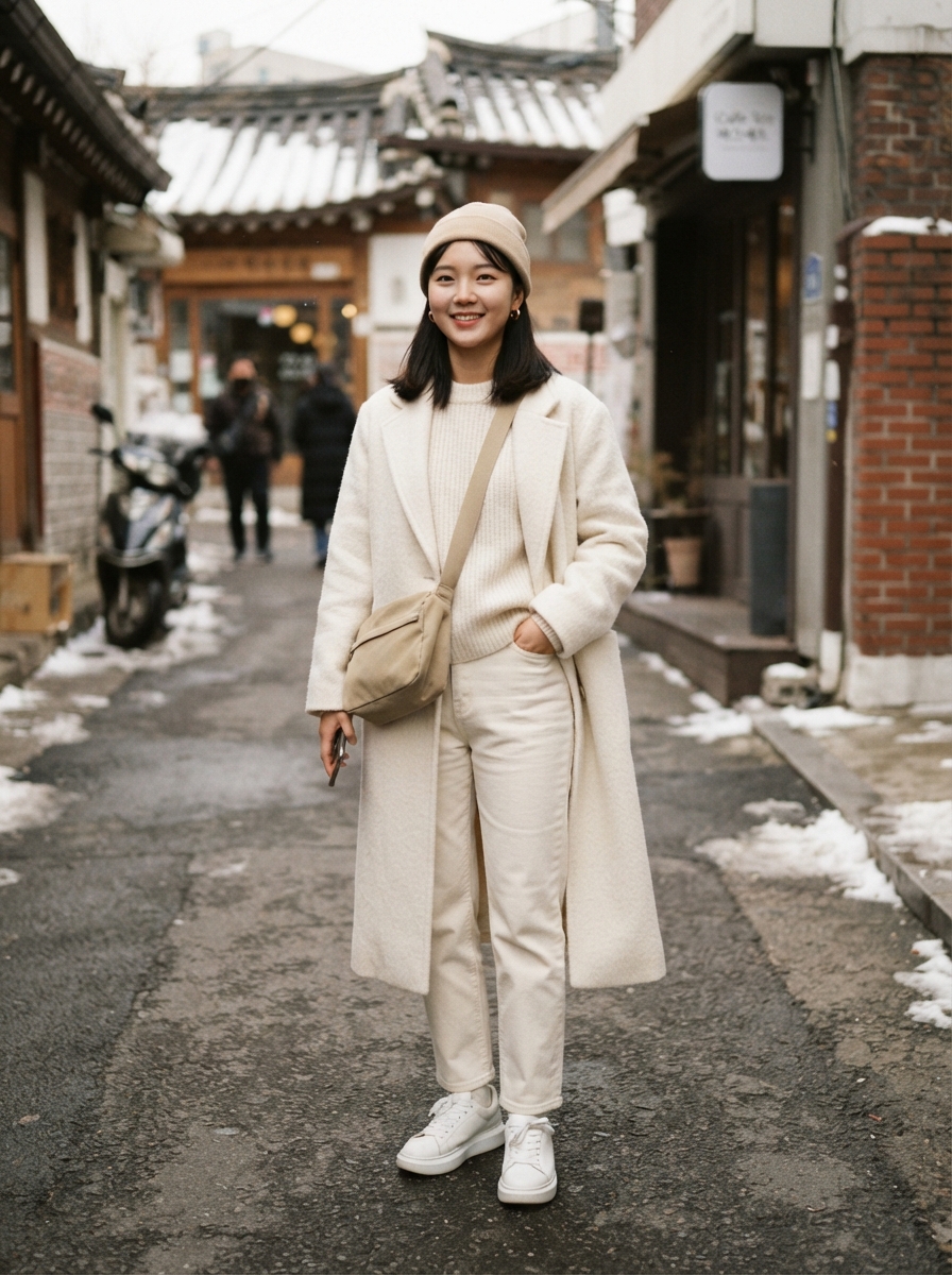 Cream Tonal Outfit Korean winter street fashion outfit