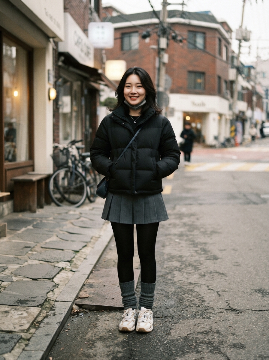 Mini Skirt with Leg Warmers and Padded Jacket Korean winter street fashion outfit