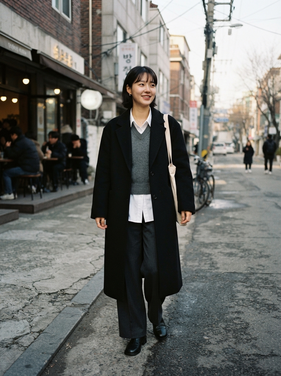 Shirt and Knit Vest under a Long Coat Korean winter street fashion outfit