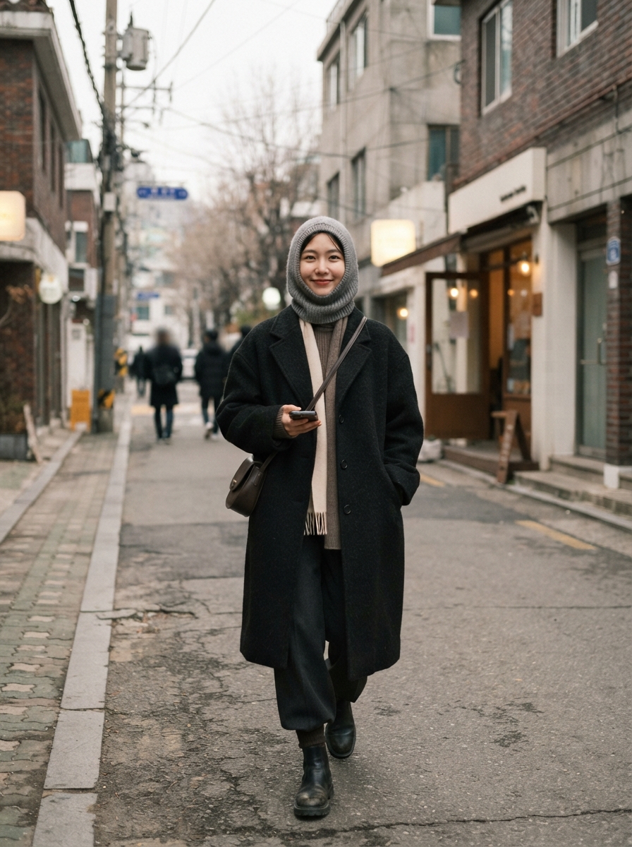 Balaclava with an Oversized Coat Korean winter street fashion outfit