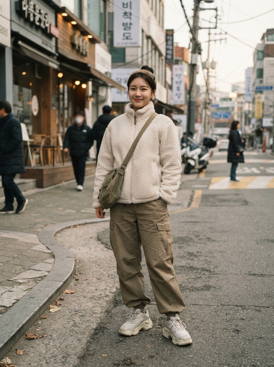 Fleece Jacket with Cargo Trousers Korean winter street fashion outfit