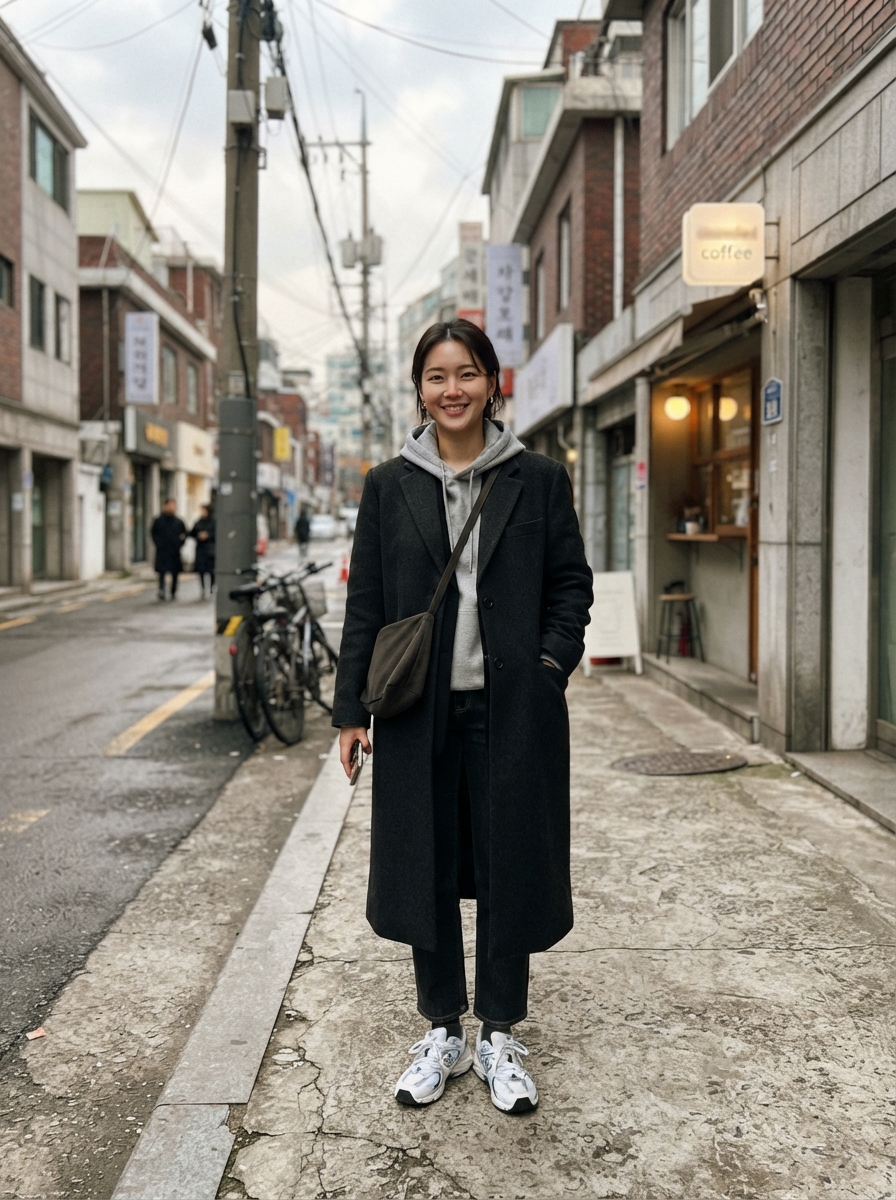Grey Hoodie under a Tailored Blazer and Coat Korean winter street fashion outfit