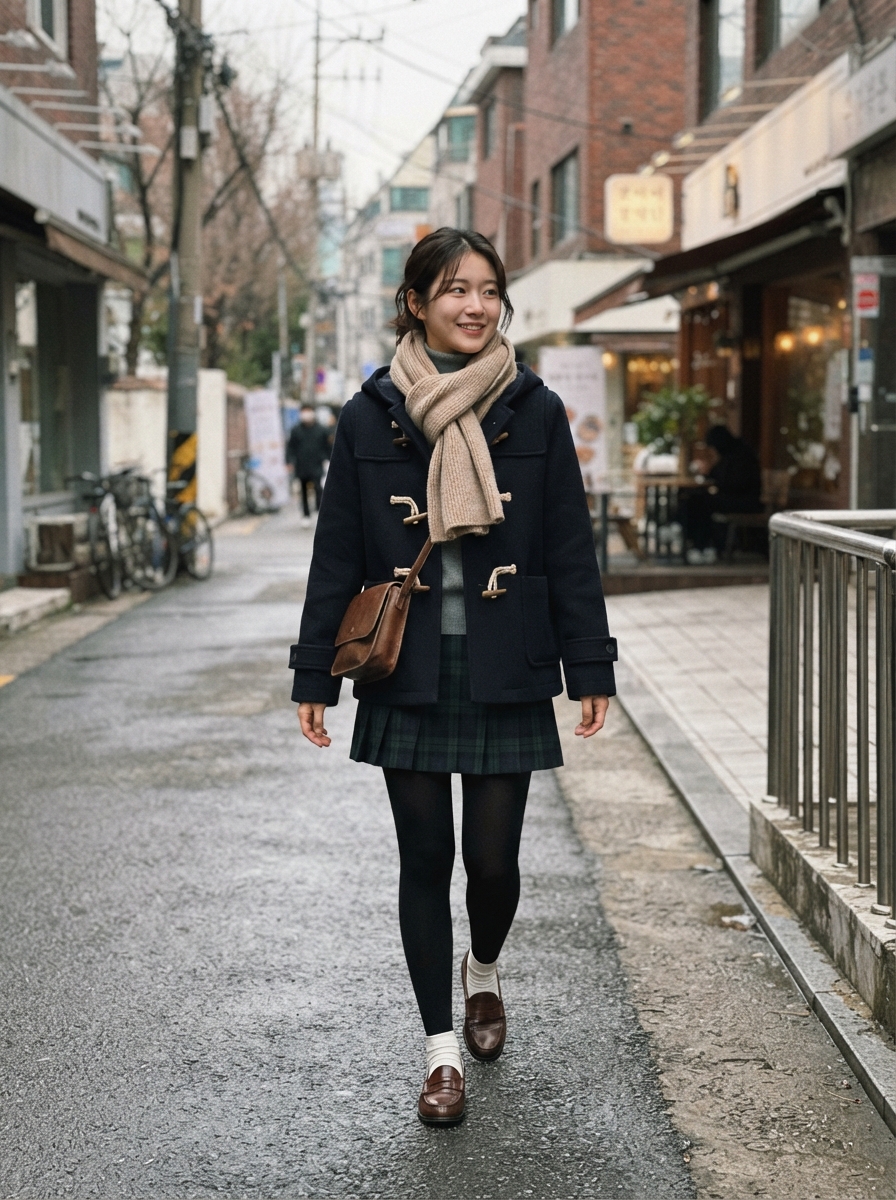 Short Duffle Coat with Pleated Skirt Korean winter street fashion outfit