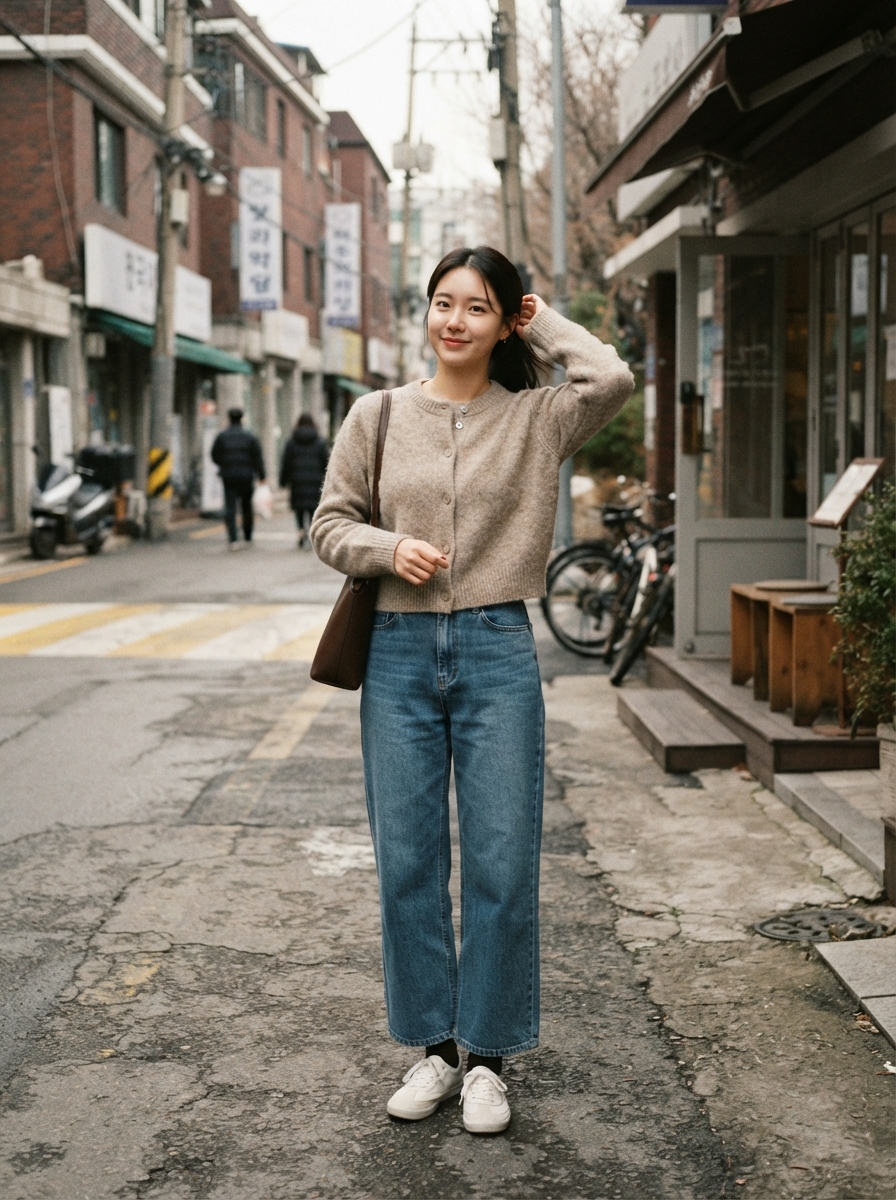 Wide-Leg Jeans with a Cropped Cardigan Korean winter street fashion outfit