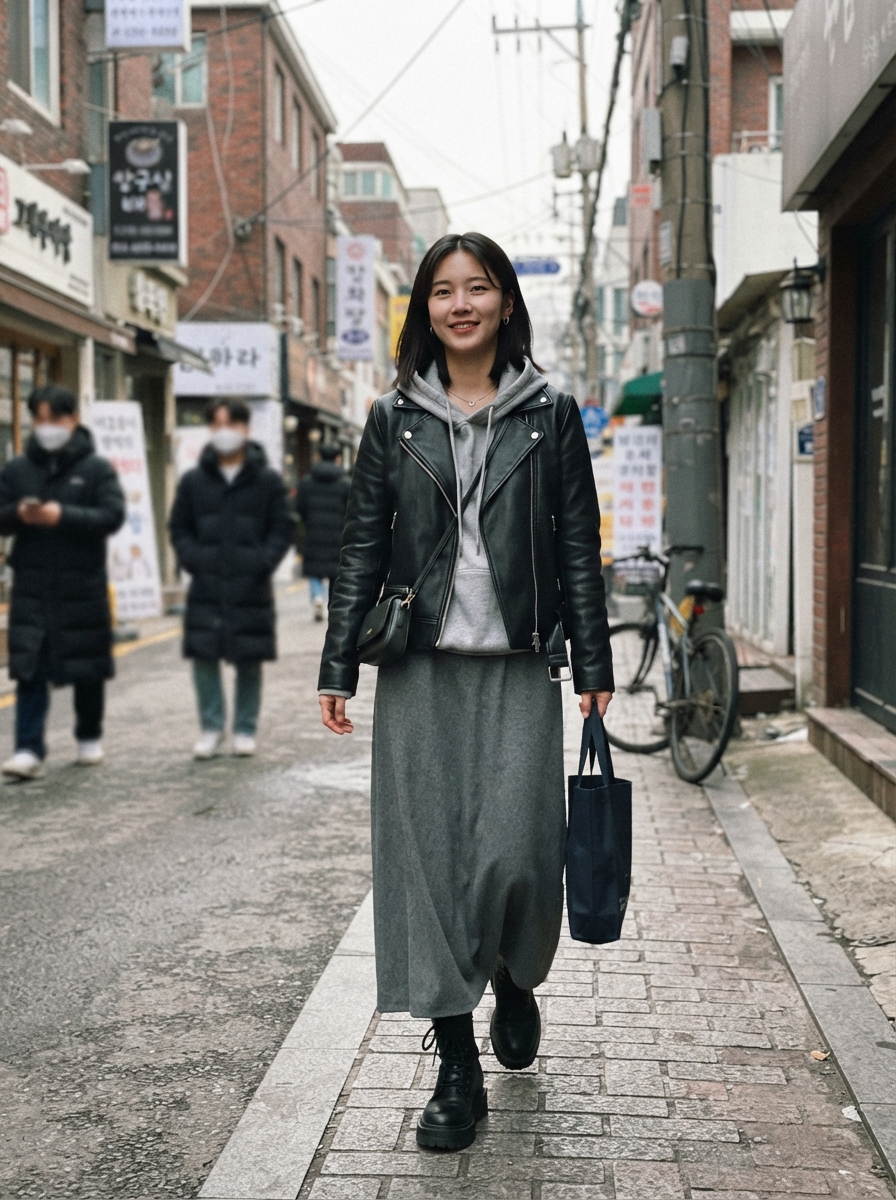 Leather Jacket with Hoodie and Maxi Skirt Korean winter street fashion outfit